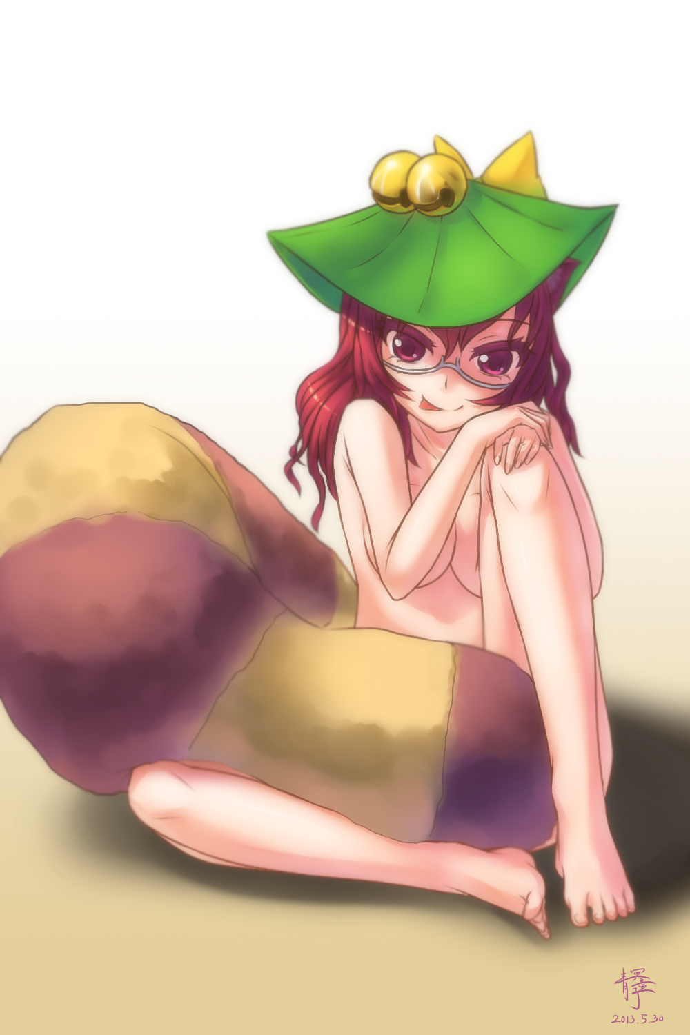 :p animal_ears barefoot bell breasts brown_eyes brown_hair futatsuiwa_mamizou glasses hat highres jingle_bell large_breasts leaf leaf_on_head long_hair looking_at_viewer nude qingmingtongzi raccoon_ears raccoon_tail red_eyes sitting smile solo tail tail_censor tongue tongue_out touhou