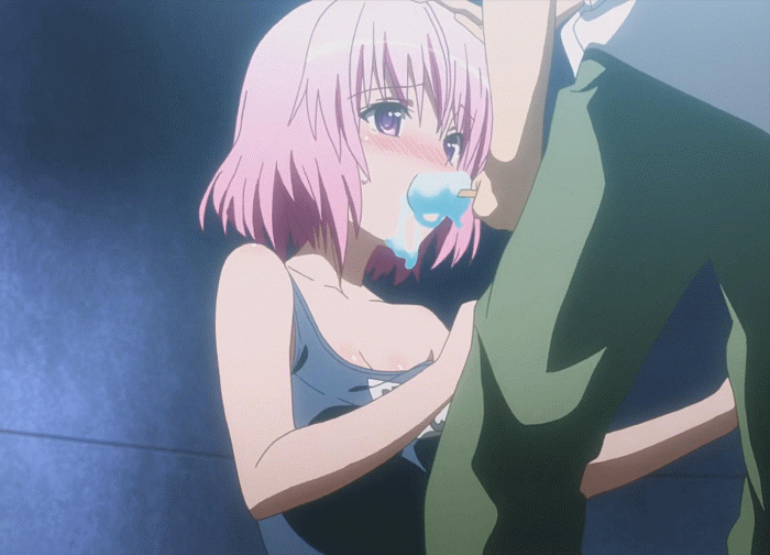 1girl animated animated_gif blush breasts duplicate food forced hand_on_another's_head hands_on_thighs momo_velia_deviluke off_shoulder one-piece_swimsuit oral pants pink_hair popsicle purple_eyes school_swimsuit sexually_suggestive shirt short_hair strap_slip swimsuit tears to_love-ru to_love-ru_darkness