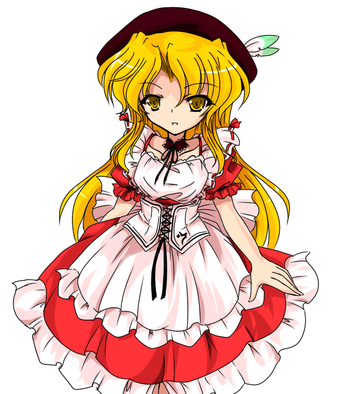 :d apron blonde_hair choker collarbone corset cowboy_shot expressionless feathers hat hat_feather maid open_mouth parted_lips puffy_short_sleeves puffy_sleeves short_sleeves smile solo standing teeth touhou touhou_(pc-98) transparent_background tsunogiri waist_apron yellow_eyes yumeko
