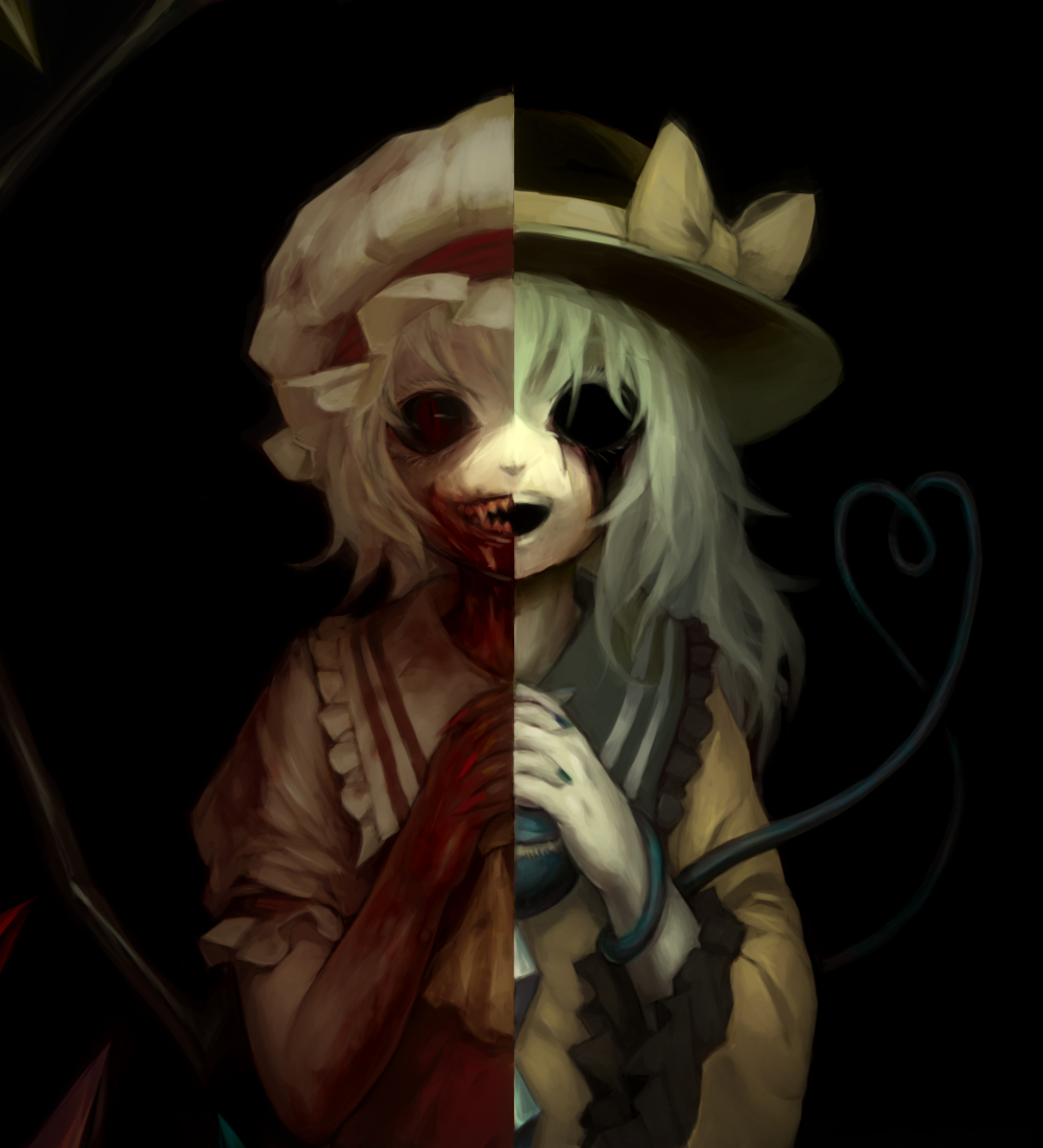 ascot blonde_hair blood blood_on_face bloody_hands bloody_tears bow darkness empty_eyes fangs fingernails flandre_scarlet frilled_sleeves frills hands_clasped hat hat_bow hat_ribbon heart heart_of_string horror_(theme) interlocked_fingers komeiji_koishi long_fingernails long_sleeves looking_at_viewer multiple_girls nail_polish open_mouth own_hands_together puffy_sleeves red_eyes ribbon sharp_fingernails sharp_teeth shirt short_sleeves silver_hair simple_background smile spark621 teeth third_eye touhou upper_body wide_sleeves wings