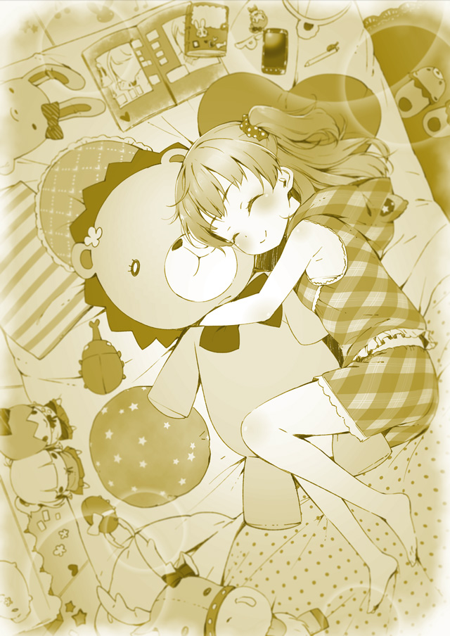 ^_^ barefoot cellphone character_doll closed_eyes doll_hug idolmaster idolmaster_cinderella_girls jougasaki_mika jougasaki_rika lying monochrome on_side pencil phone pillow scrunchie slippers smile solo star stuffed_animal stuffed_bunny stuffed_toy teddy_bear two_side_up u_(the_unko)