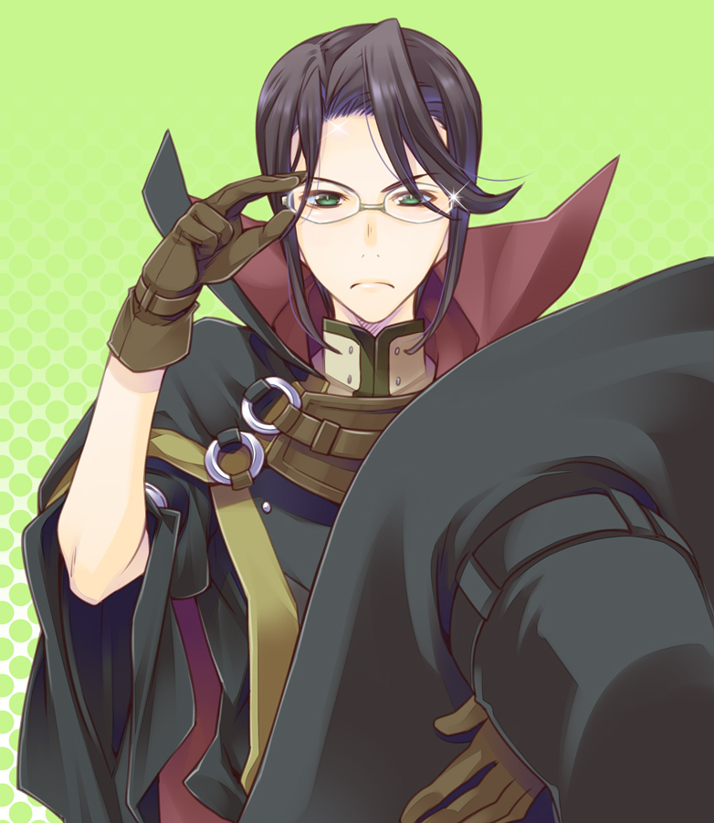 black_hair cloak fire_emblem fire_emblem:_kakusei glasses gloves green_eyes laurent male_focus shuri_yasuyuki solo