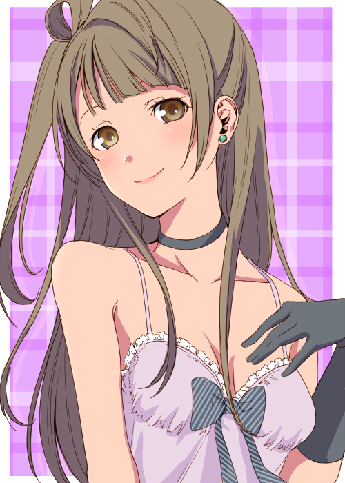 black_gloves blush bow breasts brown_eyes brown_hair choker cleavage earrings gloves hair_rings hand_on_own_chest jewelry long_hair love_live! love_live!_school_idol_project medium_breasts minami_kotori nishiuri_warito plaid plaid_background smile solo