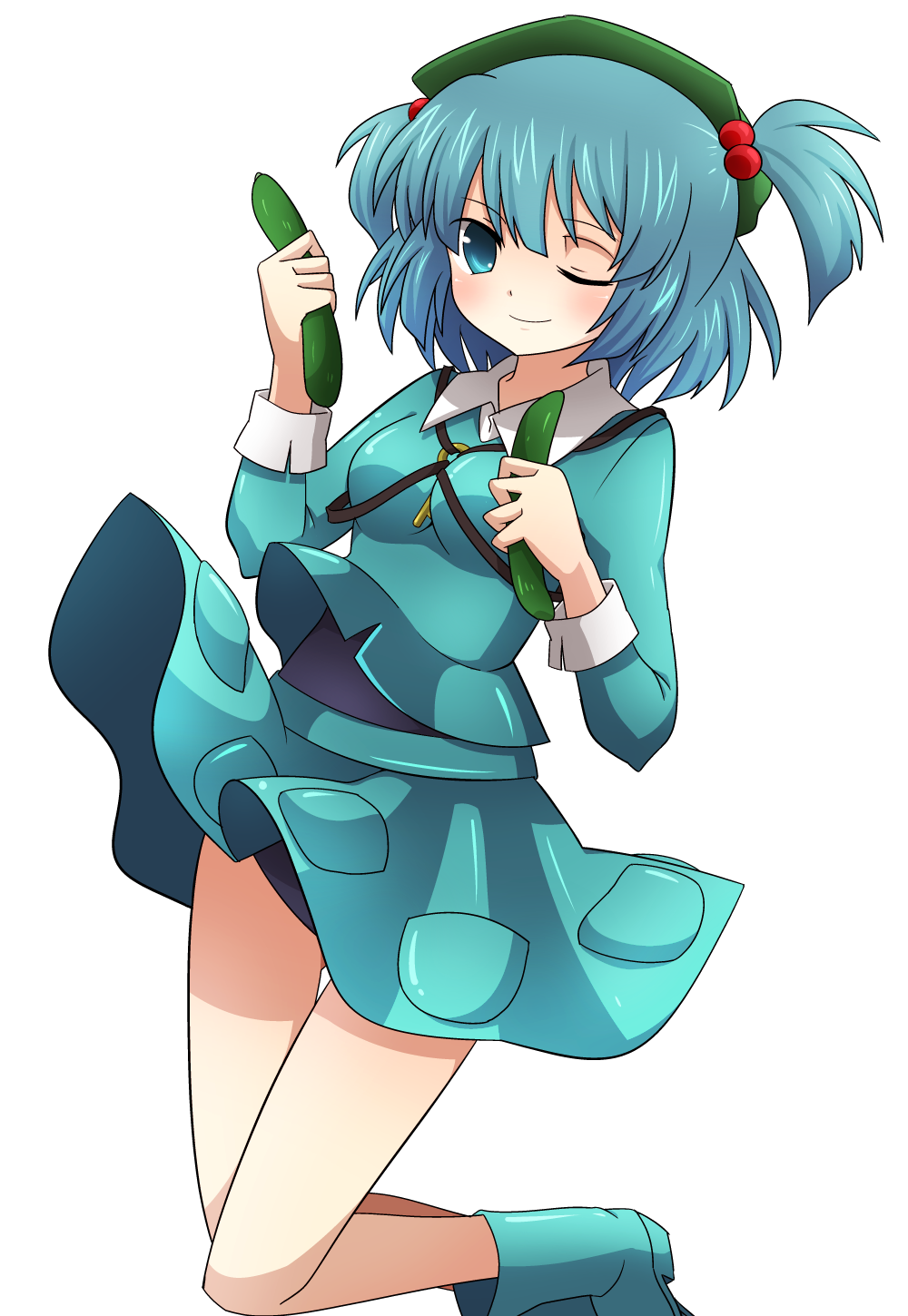 bad_id bad_pixiv_id blue_eyes blue_hair blush boots breasts cucumber hair_bobbles hair_ornament hat highres kawashiro_nitori key medium_breasts one-piece_swimsuit one_eye_closed short_hair skirt smile solo swimsuit swimsuit_under_clothes touhou two_side_up yuka_yukiusa