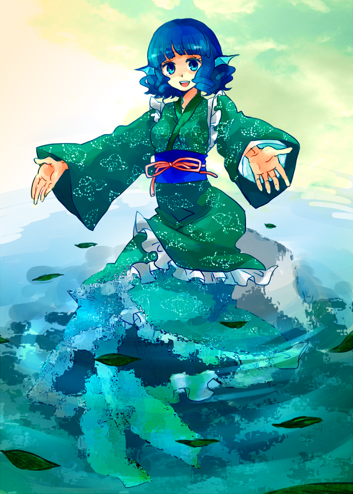 atomic15 bad_id bad_pixiv_id blue_eyes blue_hair breasts curly_hair head_fins japanese_clothes medium_breasts mermaid monster_girl obi open_mouth partially_submerged rock sash smile solo touhou wakasagihime water