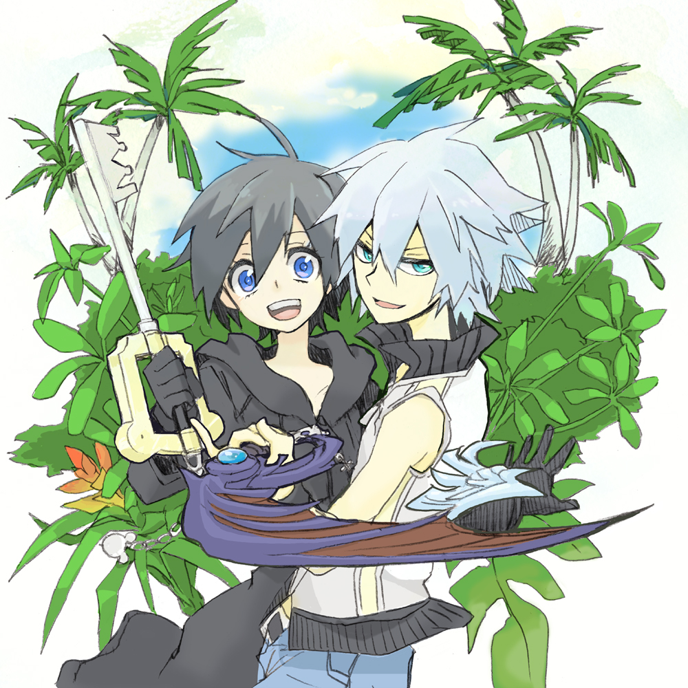 1girl black_coat_(kingdom_hearts) black_hair blue_eyes keyblade keychain kingdom_hearts kingdom_hearts_358/2_days kingdom_hearts_3d_dream_drop_distance mendesendofworld riku white_hair xion_(kingdom_hearts)