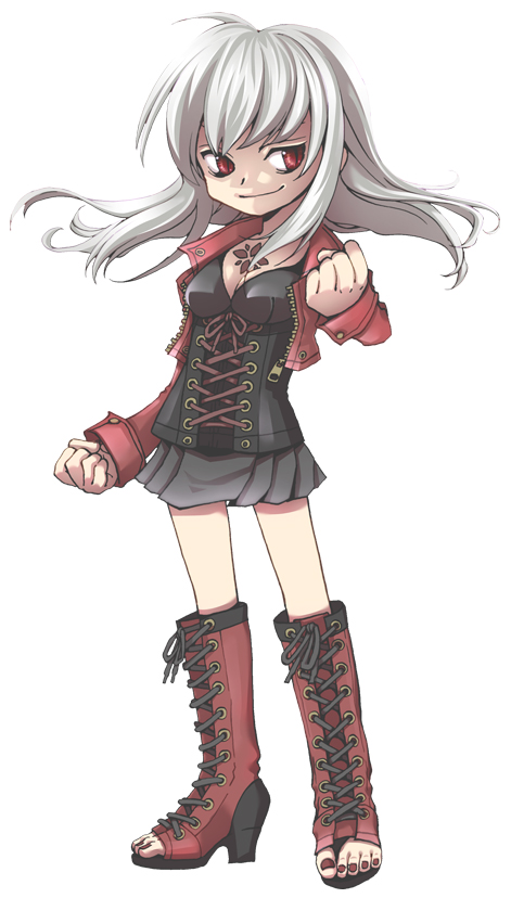 albino boots clenched_hands cropped_jacket cross-laced_footwear full_body knee_boots lace-up_boots long_hair original red_eyes simple_background skirt smile solo tattoo toeless_legwear toukai-analogue white_background white_hair