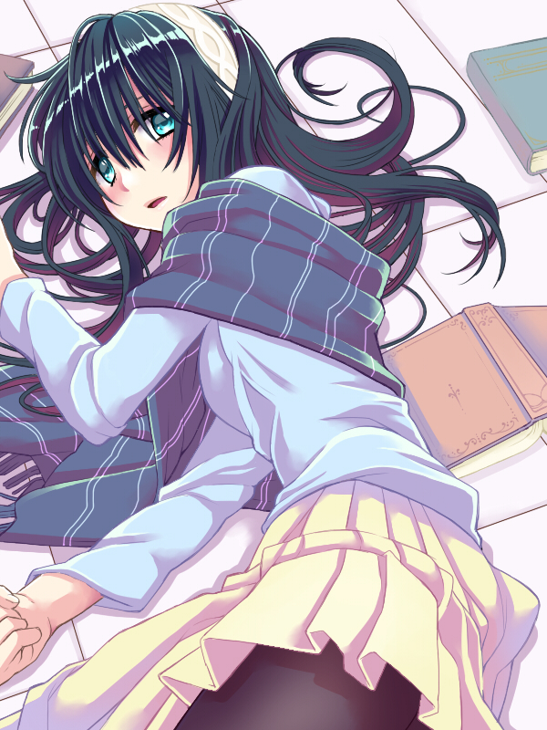 aqua_eyes bangs black_hair black_legwear book cowboy_shot floor from_above from_side hairband idolmaster idolmaster_cinderella_girls long_hair looking_at_viewer looking_to_the_side looking_up lying on_floor on_side open_mouth pantyhose plaid plaid_scarf pleated_skirt sagisawa_fumika scarf shawl skirt solo yami_(m31) yellow_skirt