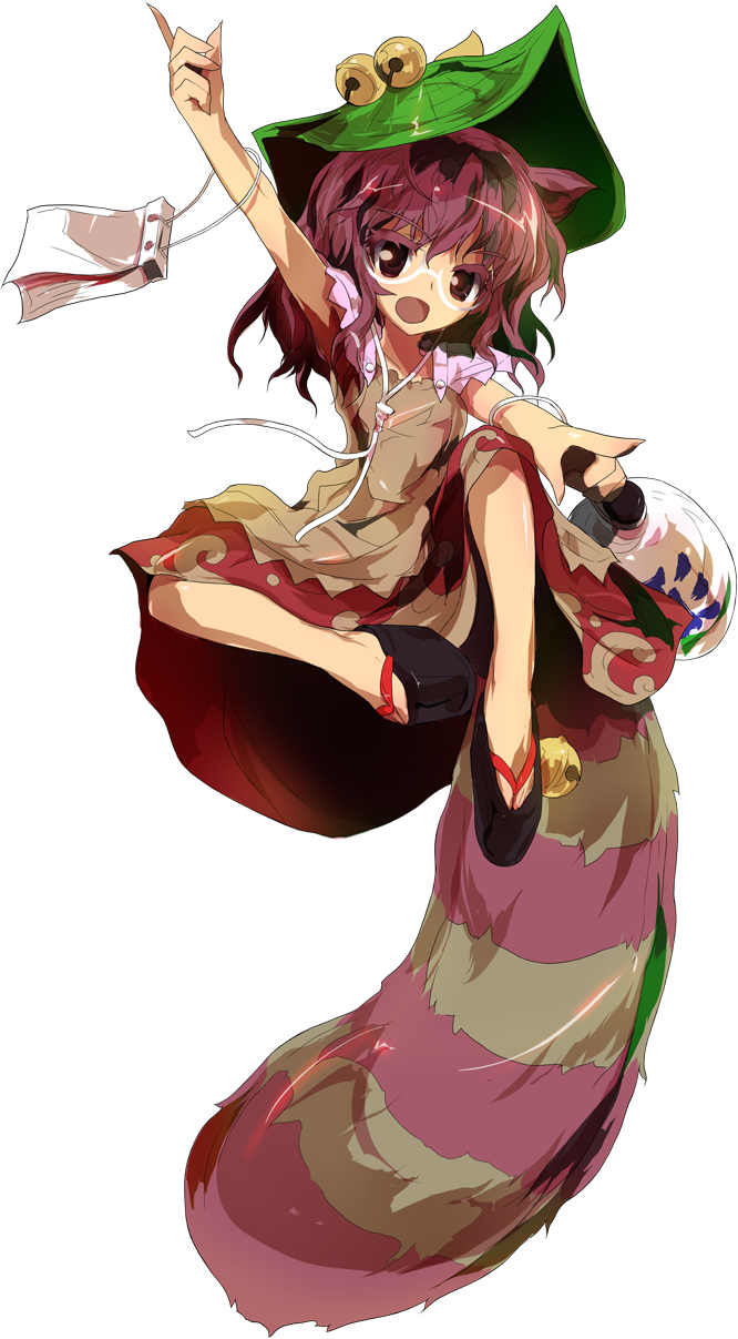 alphes animal_ears bad_hands bell bow brown_eyes brown_hair clog_sandals error full_body futatsuiwa_mamizou glasses gourd hat highres hopeless_masquerade notepad official_art open_mouth pointing polydactyly raccoon_ears raccoon_tail sandals semi-rimless_eyewear skirt tail touhou transparent_background under-rim_eyewear