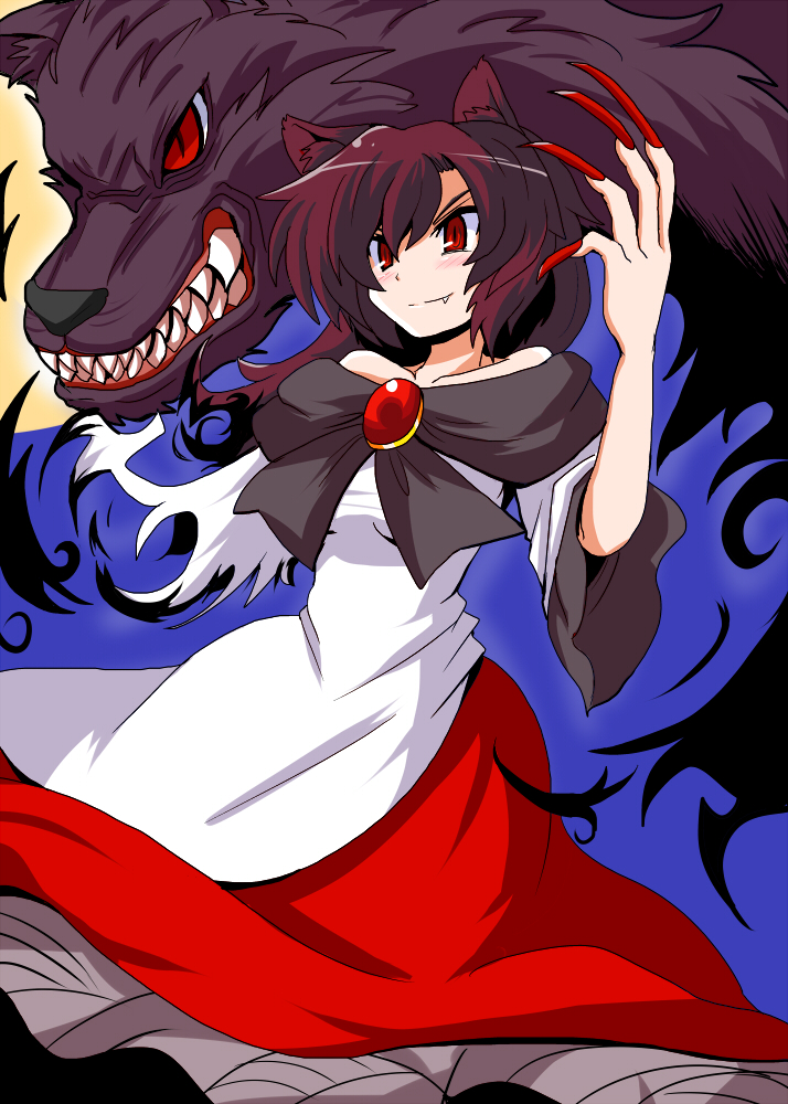 animal_ears bare_shoulders brooch brown_eyes brown_hair fang harukatron imaizumi_kagerou jewelry nail_polish red_nails tail touhou wolf wolf_ears