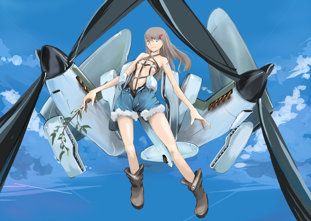 aircraft airplane bare_shoulders blue_eyes boots breasts brown_hair cloud day hair_ornament leaf long_hair mecha_musume military mosquito_(airplane) nano open_fly original personification propeller sky small_breasts solo tree_branch unzipped world_war_ii
