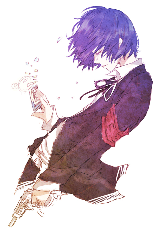bad_id bad_pixiv_id blue_hair card gun male_focus maru_naru persona persona_3 ribbon school_uniform solo weapon yuuki_makoto