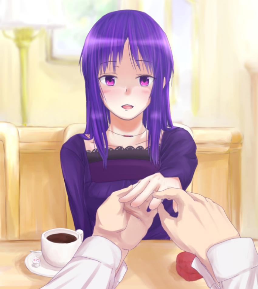 blush long_hair looking_at_viewer mugai_(tamac) ookura_miyako pov pov_across_table proposal purple_eyes purple_hair putting_on_jewelry sitting smile tokimeki_memorial tokimeki_memorial_4