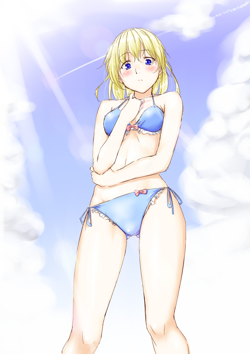 alice_margatroid bikini blonde_hair blue_eyes blush cloud day from_below hand_on_own_chest highres looking_at_viewer navel niwatazumi short_hair side-tie_bikini sky solo swimsuit touhou