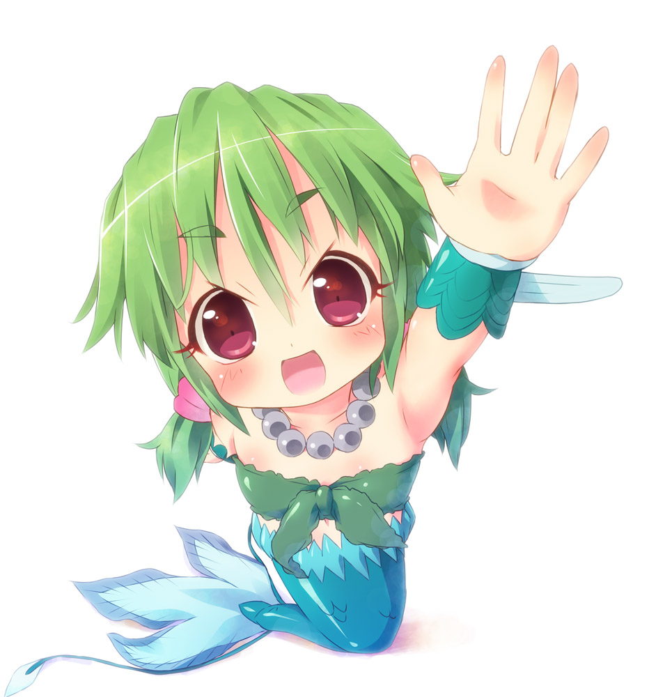 :d alternate_hairstyle blush collarbone green_hair jewelry long_hair low_twintails mermaid monster_girl muromi-san namiuchigiwa_no_muromi-san necklace open_mouth pearl pu-en red_eyes short_twintails smile solo twintails white_background