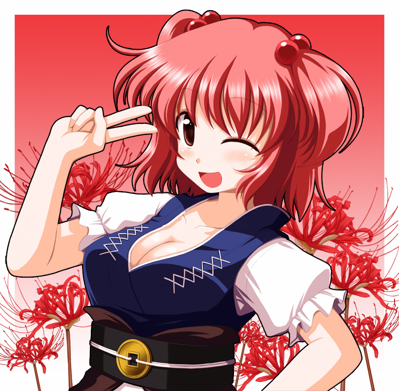 breasts cleavage flower hair_bobbles hair_ornament japanese_clothes kinagi_yuu large_breasts one_eye_closed onozuka_komachi red_eyes red_hair solo spider_lily touhou two_side_up v