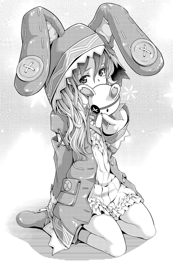 animal_ears animal_hood bad_id bad_pixiv_id bow bunny bunny_ears button_eyes buttons coat date_a_live eyepatch full_body grey_background greyscale hand_puppet hood hoodie kneeling long_hair looking_at_viewer monochrome pocket puppet simple_background solo stuffed_animal stuffed_bunny stuffed_toy tsutsumi_(low-tension) yoshino_(date_a_live) yoshinon