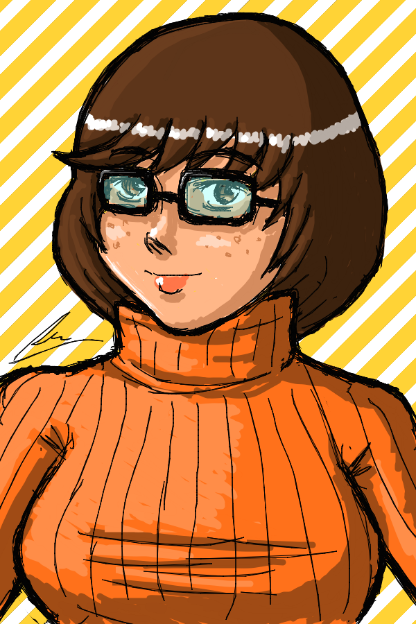 1girl borockman breasts brown_hair bust freckles glasses large_breasts ribbed_sweater scooby-doo solo sweater taut_clothes turtleneck upper_body velma_dace_dinkley