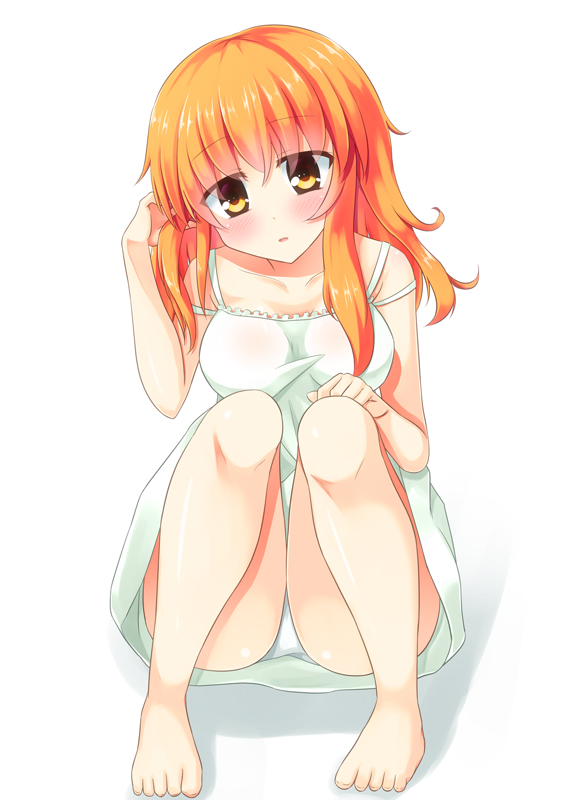barefoot blush dress long_hair orange_hair original simple_background sitting solo syuurin yellow_eyes