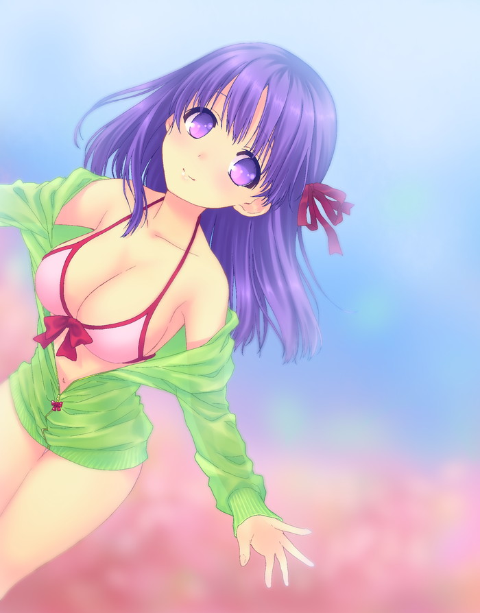bikini_top bottomless breasts fate/stay_night fate_(series) hair_ribbon large_breasts long_hair matou_sakura nfr open_clothes open_shirt purple_eyes purple_hair ribbon shirt