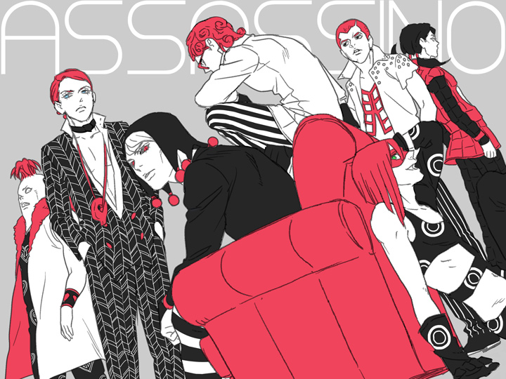 androgynous bad_id bad_pixiv_id belt buckle couch dororosso dutch_angle formaggio formal ghiaccio grey_background illuso jojo_no_kimyou_na_bouken looking_at_viewer male_focus melone monochrome multiple_boys pesci prosciutto risotto_nero simple_background standing suit