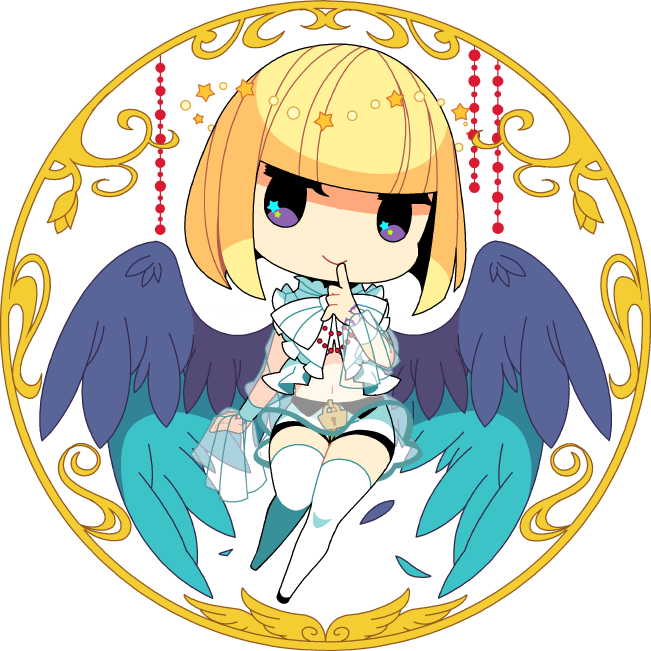 beatmania beatmania_iidx bemani blonde_hair blush halo lock male_focus midriff multiple_wings mzh navel otoko_no_ko purple_eyes rche_(beatmania) short_hair shorts smile solo star thighhighs wings