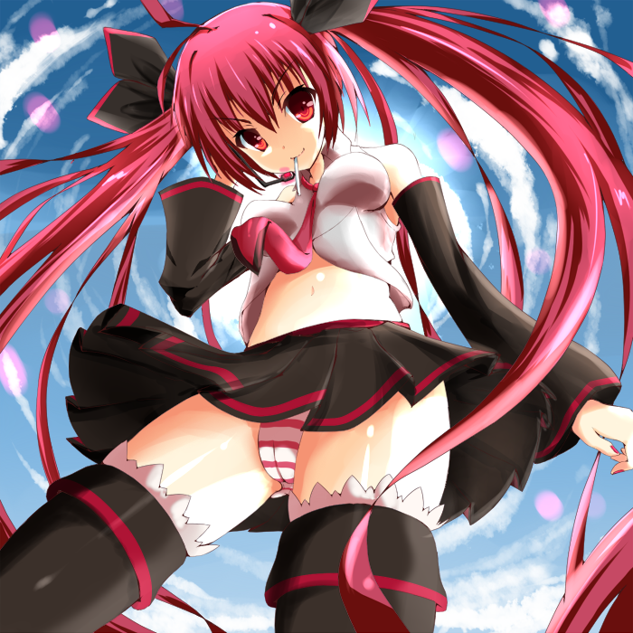 ahoge bad_id bad_pixiv_id boots candy date_a_live day detached_sleeves food hair_ornament itsuka_kotori lollipop long_hair necktie panties red_eyes red_hair shiokazunoko sky solo striped striped_panties thigh_boots thighhighs twintails underwear very_long_hair vocaloid wide_sleeves