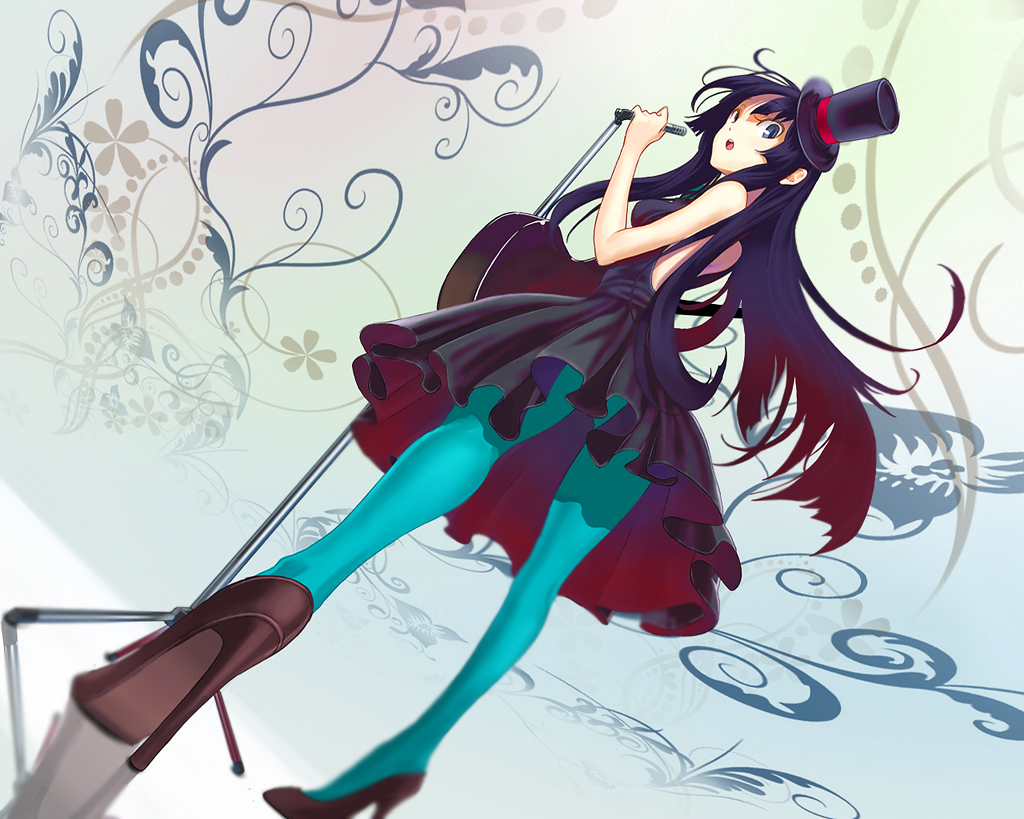 1girl akiyama_mio artist_request blue_legwear don't_say_"lazy" don't_say_"lazy" dress female guitar hat high_heels instrument k-on! legs long_hair looking_at_viewer microphone microphone_stand pantyhose shoes solo standing stiletto_heels top_hat very_long_hair