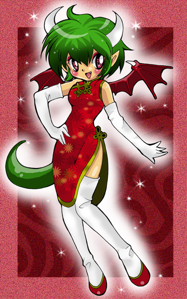 bat_wings china_dress chinese_clothes draco_centauros dragon_girl dragon_horns dragon_tail dragon_wings dress elbow_gloves full_body gloves green_hair hand_on_hip horns kaorin_minogue madou_monogatari pointy_ears puyopuyo red_background red_eyes shoes short_hair smile solo tail thighhighs white_gloves white_legwear wings