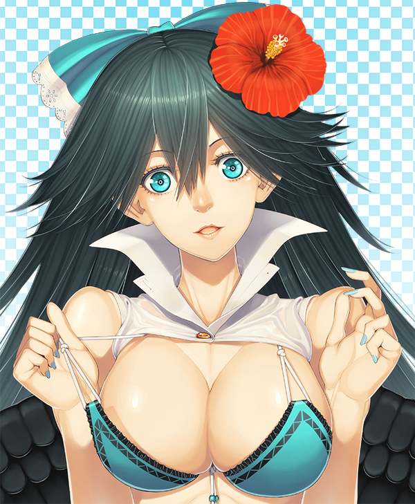 bad_id bad_pixiv_id bikini bikini_pull black_hair black_wings breasts checkered checkered_background cleavage flower green_bikini green_eyes hair_flower hair_ornament hibiscus large_breasts long_hair looking_at_viewer ogino_(oginogino) open_mouth pulled_by_self reiuji_utsuho smile solo swimsuit touhou upper_body wings