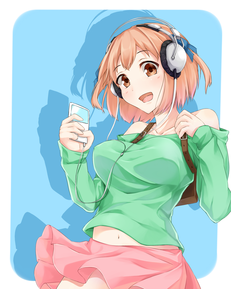 bag breasts brown_eyes brown_hair casual hataraku_maou-sama! headphones large_breasts minami_machi open_mouth sasaki_chiho short_hair short_twintails simple_background skirt solo twintails