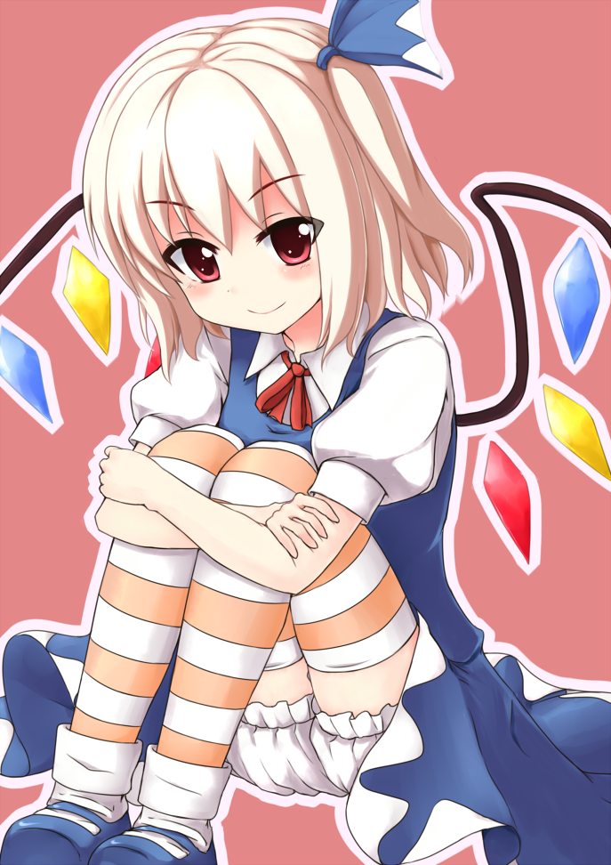 blonde_hair bloomers cirno cirno_(cosplay) cosplay flandre_scarlet hair_ribbon holding_legs ocha_(ochappie) red_eyes ribbon side_ponytail solo striped striped_legwear thighhighs touhou underwear wings