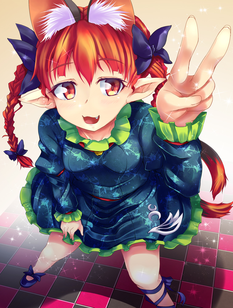 animal_ears bad_id bad_pixiv_id blush bow braid cat_ears cat_tail checkered checkered_floor dress extra_ears fang hair_bow kaenbyou_rin konata_gazel long_hair pointy_ears red_eyes red_hair ribbon smile solo tail touhou twin_braids twintails v