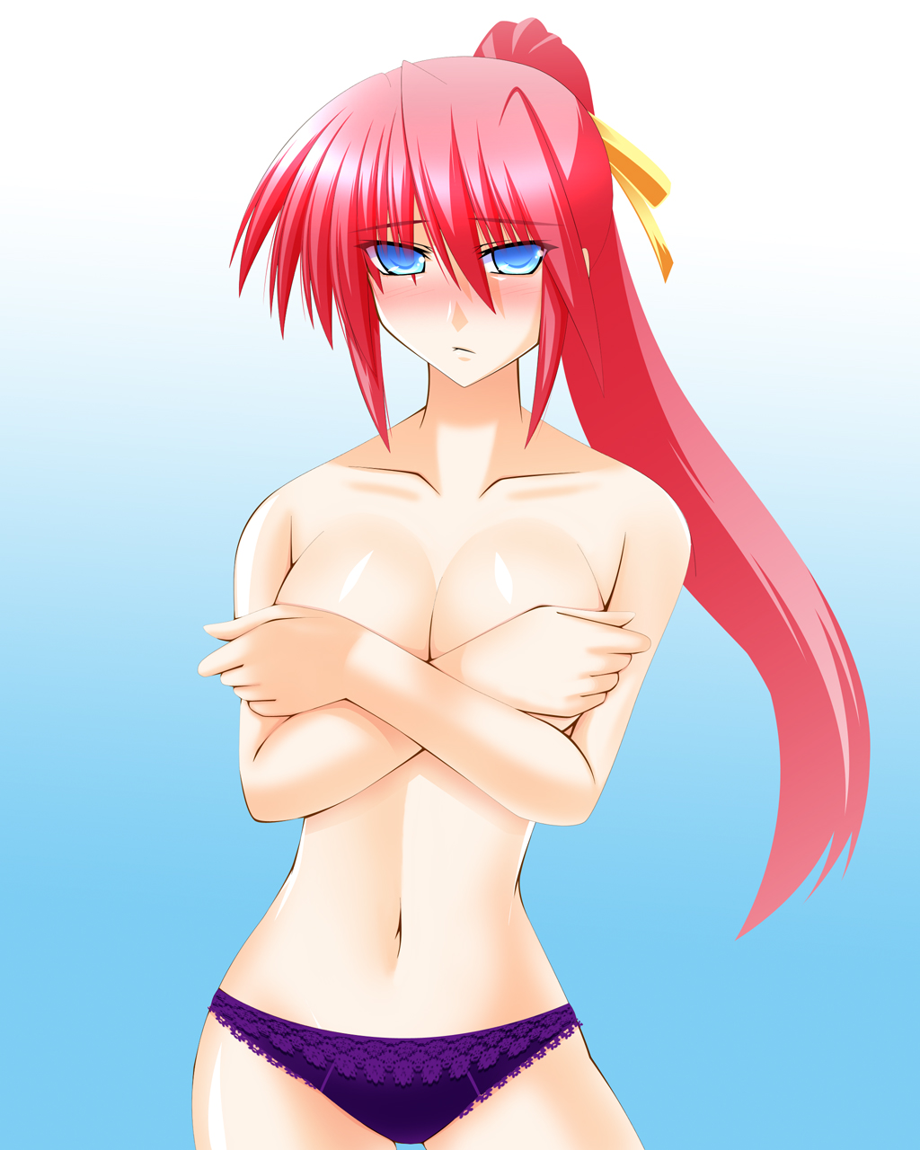 blue_eyes blush breasts covering covering_breasts engo_(aquawatery) hair_ribbon highres large_breasts long_hair lyrical_nanoha mahou_shoujo_lyrical_nanoha mahou_shoujo_lyrical_nanoha_a's panties pink_hair ponytail ribbon signum solo topless underwear underwear_only