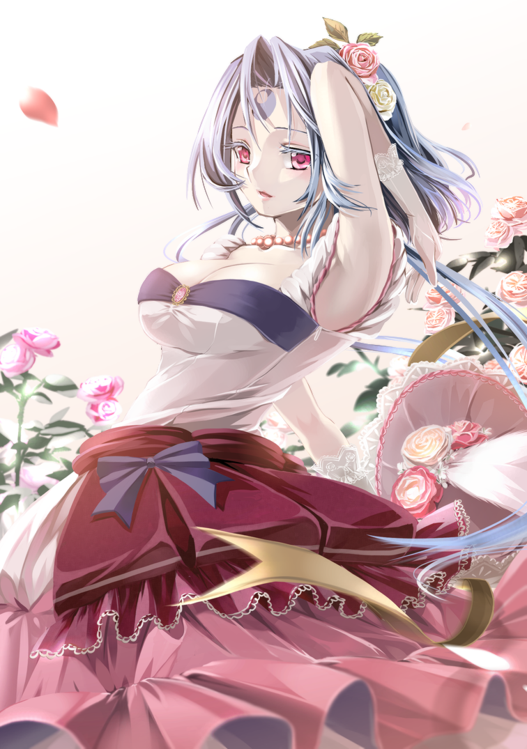 armpits blue_hair bow breasts cleavage flower forehead_tattoo gloves jewelry large_breasts long_hair necklace original red_eyes ribbon rose ryuki@maguro-ex sleeveless smile solo
