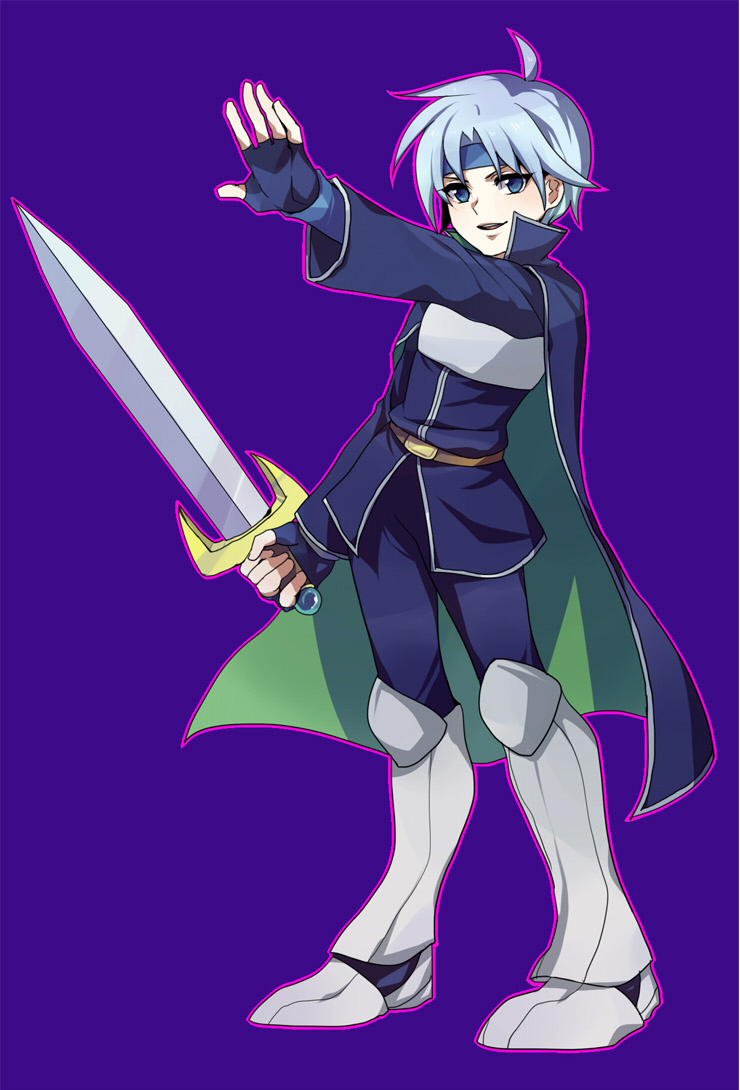 arm_up armor blue_eyes boots cape fingerless_gloves full_body gloves greaves headband knee_boots madou_monogatari male_focus nasu_(okurairi) pants purple_background puyopuyo schezo_wegey smile solo sword weapon white_hair