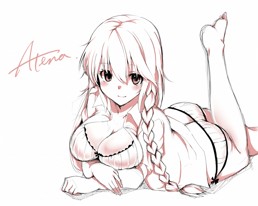 athena_helios blush bra braid breasts character_name cleavage hrk173 large_breasts long_hair looking_at_viewer lying monochrome on_stomach open_clothes open_shirt original panties shirt simple_background smile solo underwear