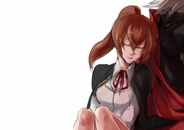 1girl back-to-back blazblue blazblue_phase_0 bloodedge brown_hair cape celica_a_mercury closed_eyes height_difference kaneaki_mukku ponytail ribbon school_uniform sleeping sleeping_upright spiked_hair