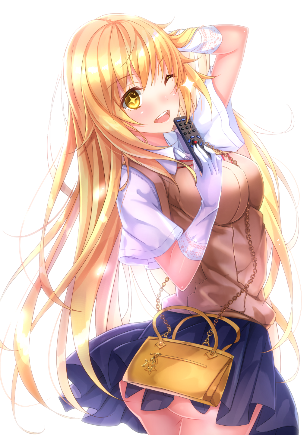 1girl ;d arm_up ass bag between_breasts blonde_hair breasts chain controller elbow_gloves glint gloves hand_in_hair handbag highres impossible_clothes lace lace-trimmed_gloves long_hair looking_at_viewer medium_breasts one_eye_closed open_mouth pleated_skirt remote_control school_uniform shokuhou_misaki short_sleeves skirt smile solo sparkle strap_cleavage sweater_vest swordsouls symbol-shaped_pupils to_aru_kagaku_no_railgun to_aru_majutsu_no_index white_gloves yellow_eyes