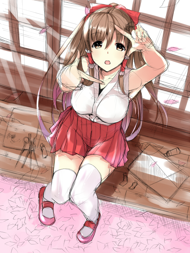 alternate_costume blush bow breasts brown_eyes finger_frame from_above hair_bow hair_tubes hakurei_reimu hrk173 large_breasts long_hair looking_at_viewer open_mouth sitting sketch skirt solo thighhighs touhou very_long_hair white_legwear