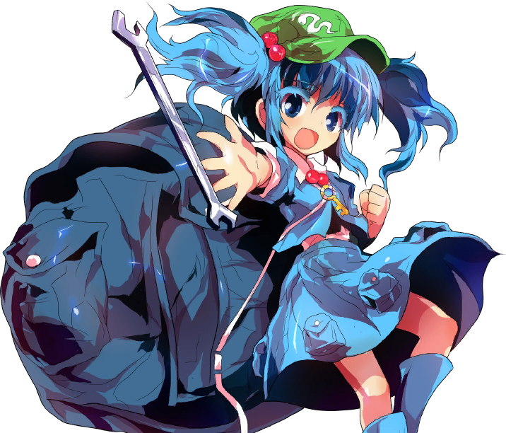 alphes backpack bag blue_eyes blue_hair boots hair_bobbles hair_ornament hat hopeless_masquerade kawashiro_nitori key official_art open_mouth reaching smile touhou transparent_background two_side_up wrench