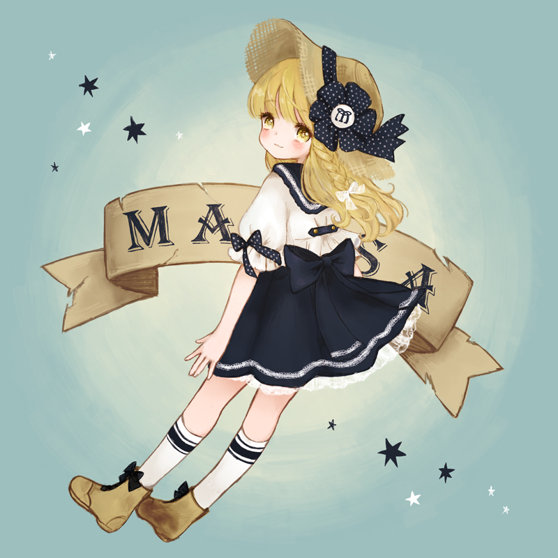 alternate_costume ankle_boots bad_id bad_pixiv_id blonde_hair blush boots bow braid character_name from_behind full_body gradient gradient_background hair_bow hat hat_ribbon kirisame_marisa kneehighs long_hair looking_at_viewer looking_back mnmktn puffy_short_sleeves puffy_sleeves ribbon school_uniform serafuku short_sleeves simple_background single_braid solo star straw_hat touhou yellow_eyes