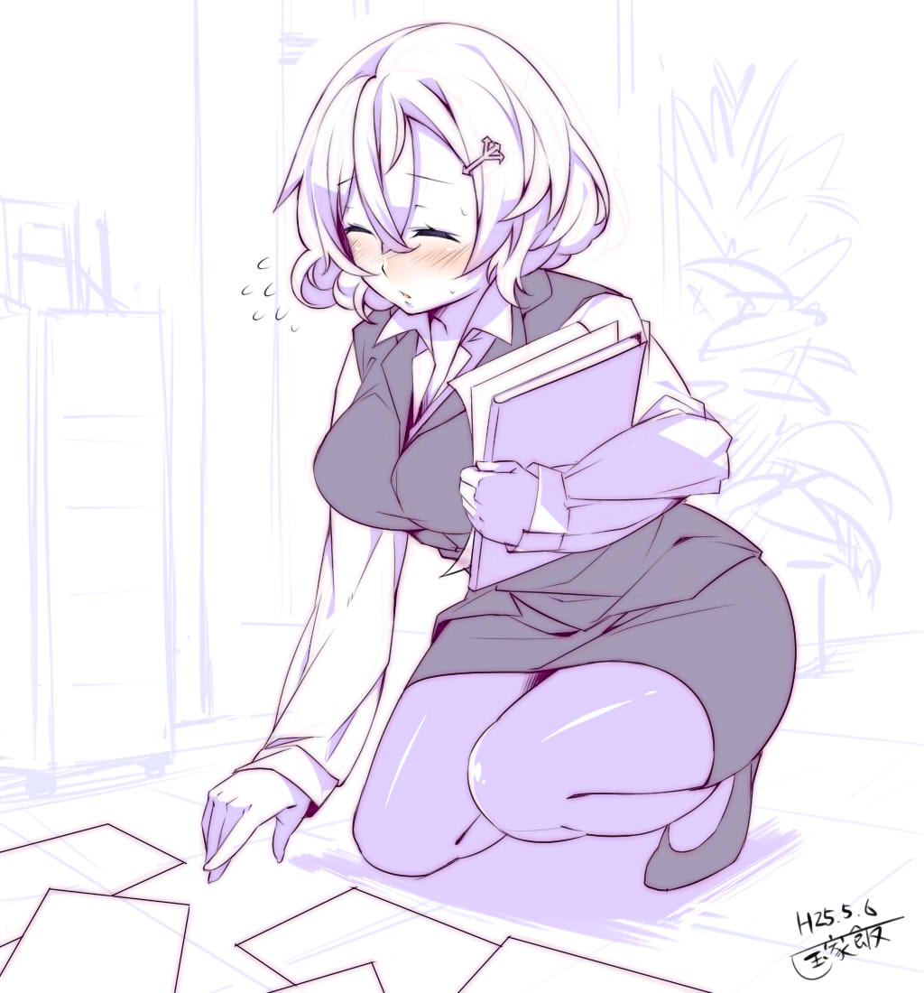 ^_^ alternate_costume blush breasts closed_eyes contemporary dress_shirt flying_sweatdrops hair_ornament hairclip kokka_han large_breasts letty_whiterock long_sleeves office_lady pantyhose papers pencil_skirt shirt short_hair sketch skirt solo touhou