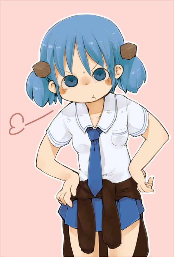 &gt;:( :t annoyed blue_eyes blue_hair clothes_around_waist frown hair_cubes hair_ornament looking_at_viewer masha naganohara_mio necktie nichijou pout short_hair short_twintails skirt solo twintails v-shaped_eyebrows