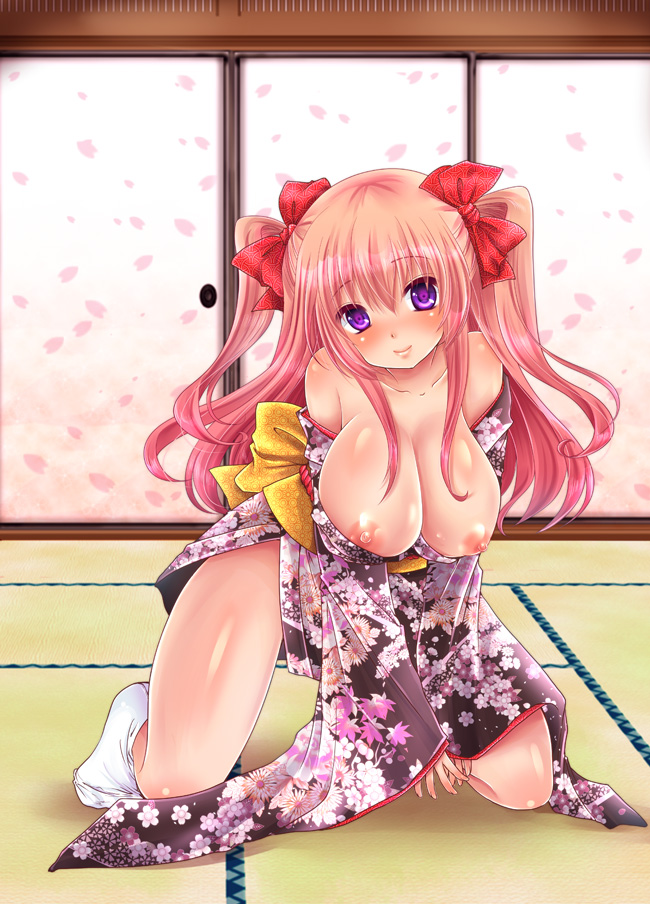 bare_shoulders blush bow breasts hair_bow japanese_clothes large_breasts long_hair long_sleeves nipples original pink_hair purple_eyes smile solo thighs twintails usubeni_sakurako wide_sleeves