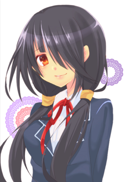 bad_id bad_pixiv_id black_hair blazer blush closed_mouth collared_shirt date_a_live hair_over_one_eye hairband jacket long_hair long_sleeves looking_at_viewer red_eyes ribbon shirt simple_background smile solo tokisaki_kurumi twintails uniform upper_body white_background white_shirt xomoca