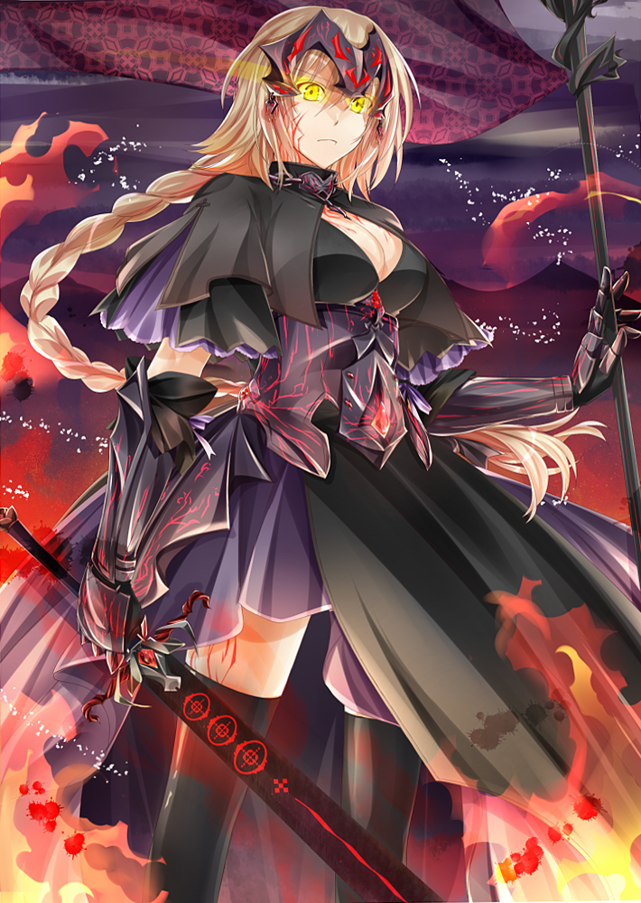 armor blonde_hair braid breasts capelet cleavage dark_persona dress fate/apocrypha fate_(series) flag gauntlets headpiece jeanne_d'arc_(fate) jeanne_d'arc_(fate)_(all) kurose_nao large_breasts long_hair single_braid solo sword thighhighs weapon yellow_eyes