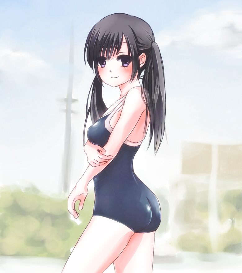 99ban black_hair blush copyright_request long_hair one-piece_swimsuit purple_eyes school_swimsuit smile solo swimsuit twintails