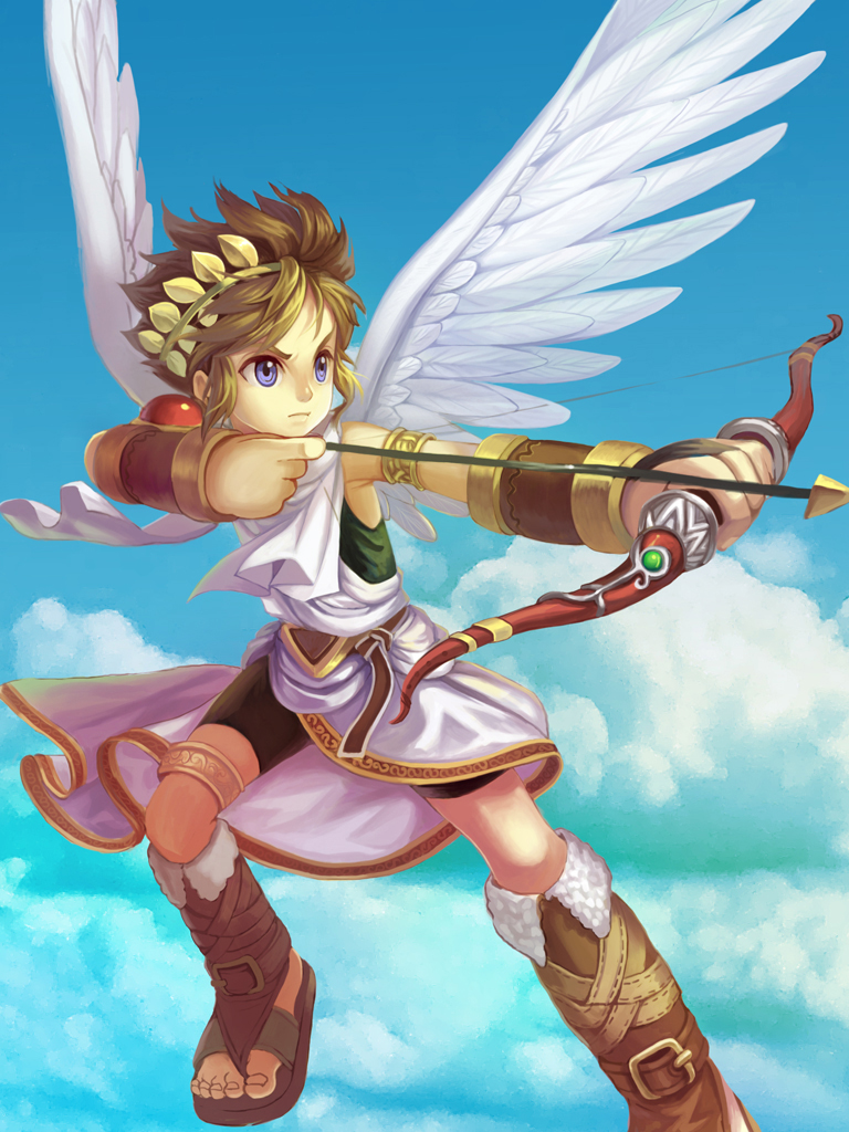 amg192003 arrow blue_eyes bow_(weapon) bracer brown_hair drawing_bow holding holding_arrow holding_bow_(weapon) holding_weapon kid_icarus male_focus pit_(kid_icarus) solo weapon wings