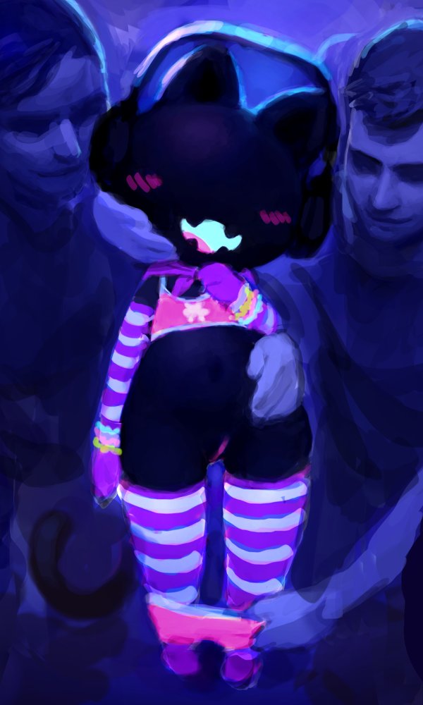 ambiguous_gender anthro armwear assisted_exposure blush cat clothing crookedtrees elbow_gloves eyeless feline female female_focus gloves group headphones legwear male male/female mammal monstercat monstercat_media pussy solo_focus spread_pussy spreading stockings striped_legwear striped_stockings stripes
